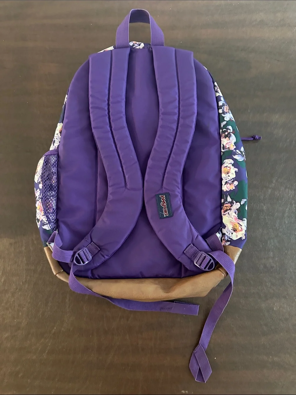 JanSport Purple Floral Backpack with Brown Base